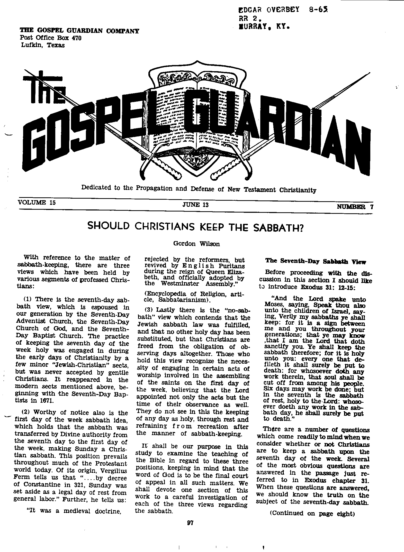 Gospel Guardian Original: Vol.15 No.7 Pg.1