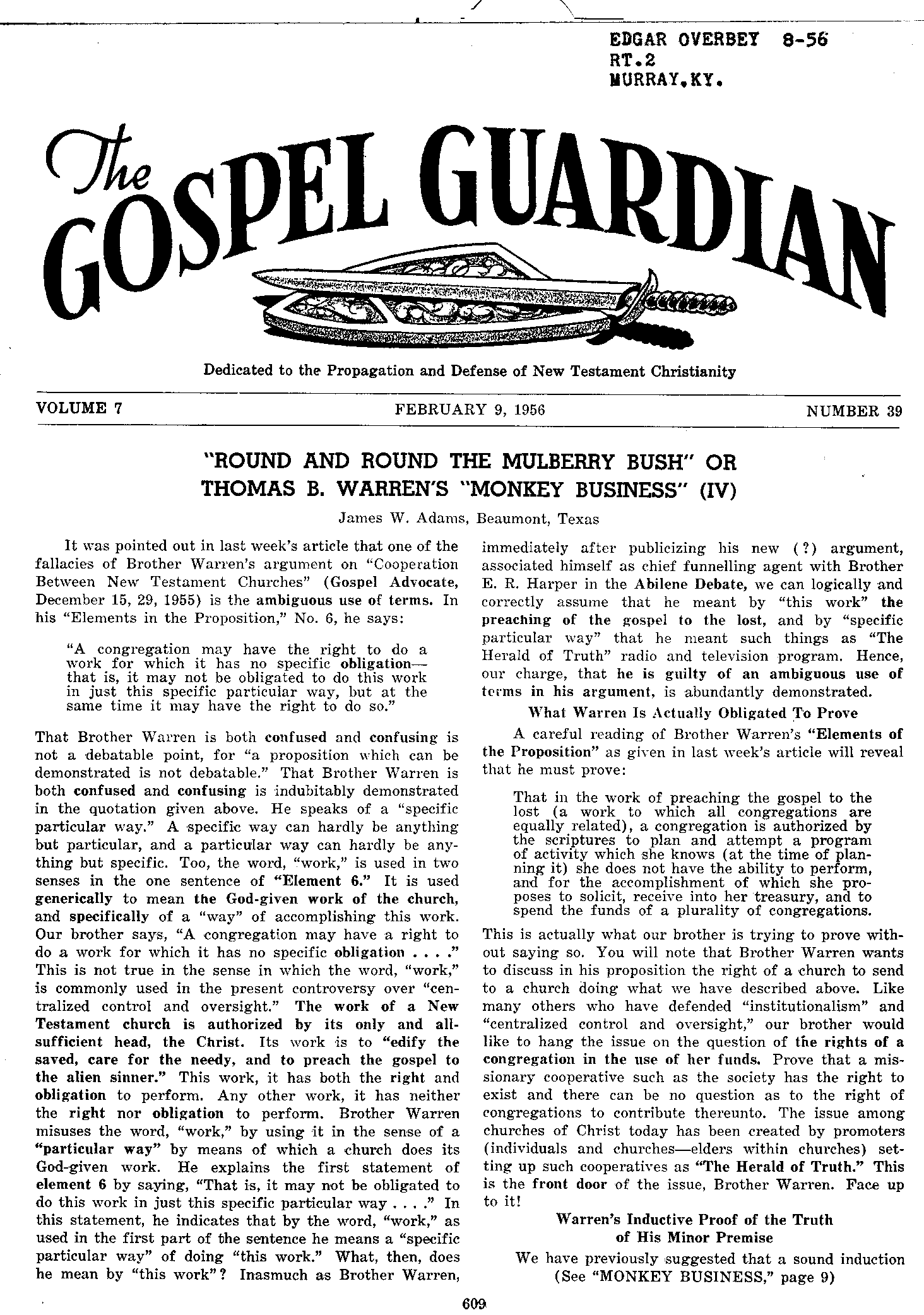 Gospel Guardian Original: Vol.7 No.39 Pg.1