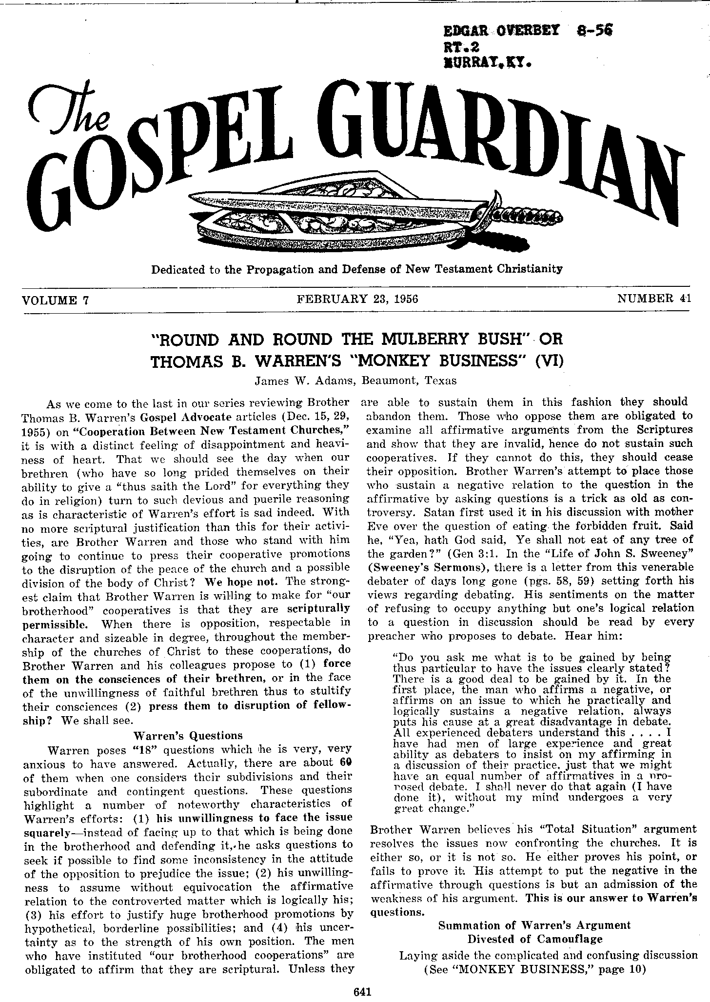 Gospel Guardian Original: Vol.7 No.41 Pg.1